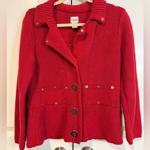 Chicos Red Knit Cotton Jacket Cardigan Button Front Sweater Coat Size 1 M
